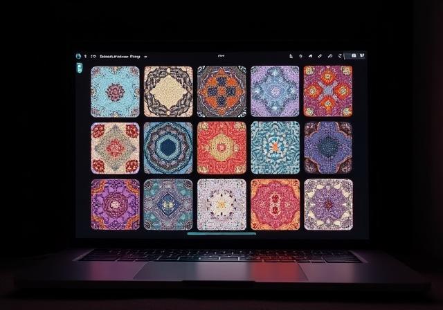 Ein Bildschirm zeigt mehrere KI-generierte, komplexe Stoffmuster, inspiriert von traditionellen Designs.