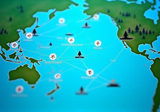 Eine schematische Karte zeigt optimierte Transportrouten für Holz von verschiedenen Lieferanten zu einer Werkstatt.