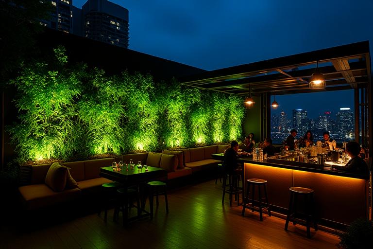 A chic rooftop bar in Duxton Hill at night with glowing plants from a vertical garden, illuminated by strategic uplighting.