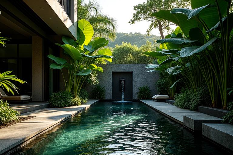 A modern tropical garden at The Nassim Road Residence with large leaf plants and a tranquil water feature, featuring dramatic light and shadow.