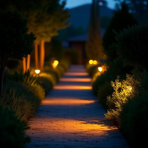 A garden path illuminated by subtle, warm ground-level lights at twilight