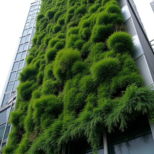 A lush, dense vertical garden wall on the side of a modern building